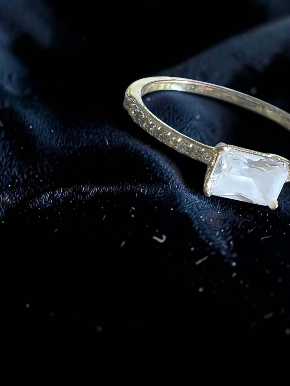 Gold Tone Emerald Cut Clear CZ Pavé Band Solitaire Ring Size 6